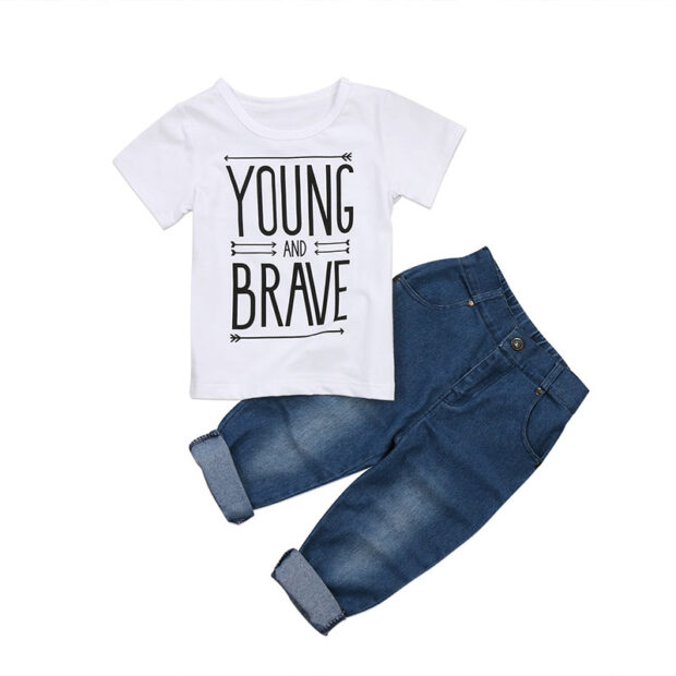 Letter Print Young and Brave Shirt & Elastic Denim Jeans Long Sleeve