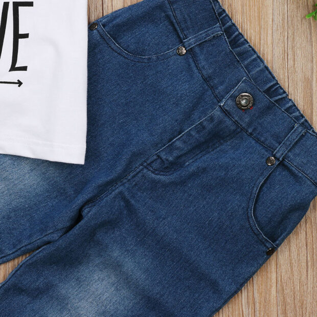 Letter Print Young and Brave Shirt & Elastic Denim Jeans Long Sleeve - Image 2