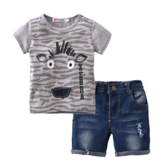 Zebra Pattern Pullover T-Shirt & Denim Shorts Short Sleeve Outfit