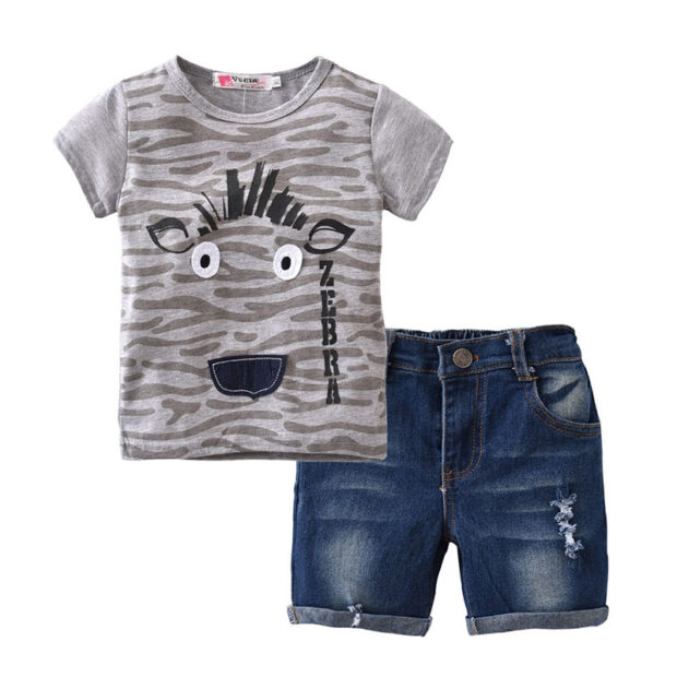 Baby Zebra Pattern Pullover T-Shirt & Denim Shorts Outfit