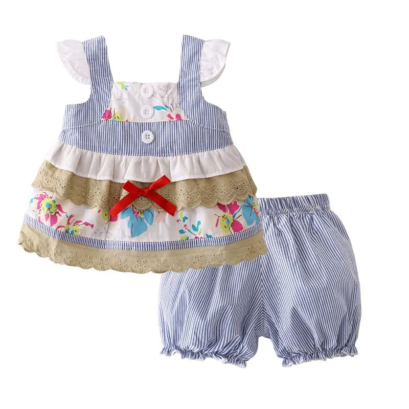Baby Girl Floral Lace Blouse Sleeveless, Stripe Shorts 2 pcs