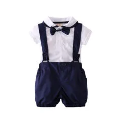 Baby Boy Bow Tie Polo Shirt Top, Suspender Shorts 2 pcs