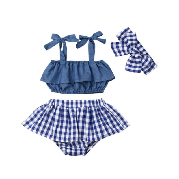 Denim Strap Crop Top & Checker Pattern Skirt with Diaper Cover & Matching Ribbon Headband