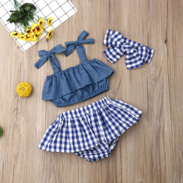 Denim Strap Crop Top & Checker Pattern Skirt with Diaper Cover & Matching Ribbon Headband - Image 2