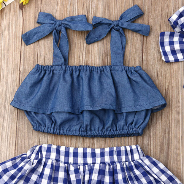Denim Strap Crop Top & Checker Pattern Skirt with Diaper Cover & Matching Ribbon Headband - Image 3