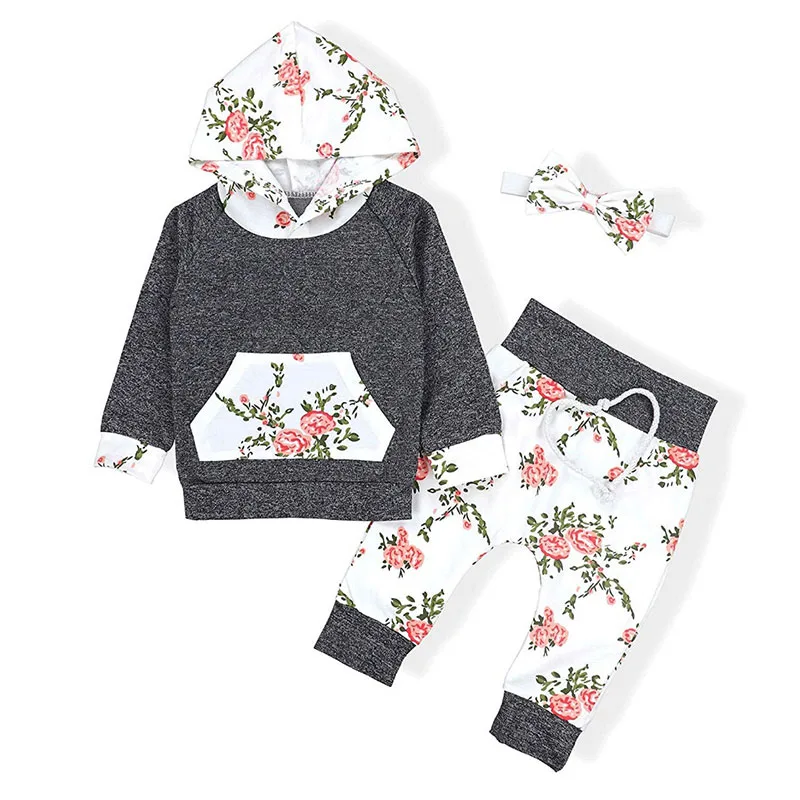 Long Sleeves Floral Print Hoodie Sweatpants with Ribbon Headband