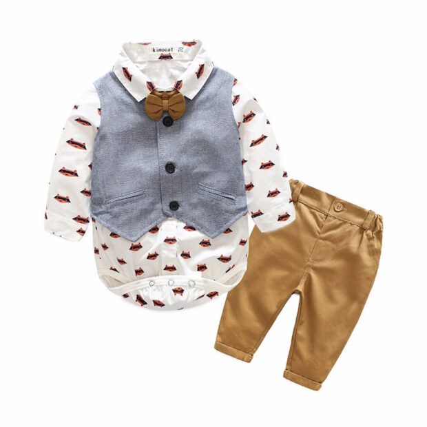 Trendy Bow Tie Button Bodysuit Shirt Vest Trousers