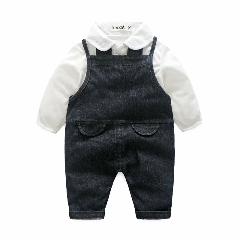 Retro White Collar Button Shirt with Denim Suspender Pants