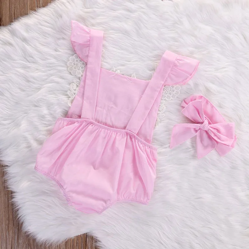 Pink Lace Crochet Bodysuit Ribbon Headband Sunsuit Outfit - Image 3