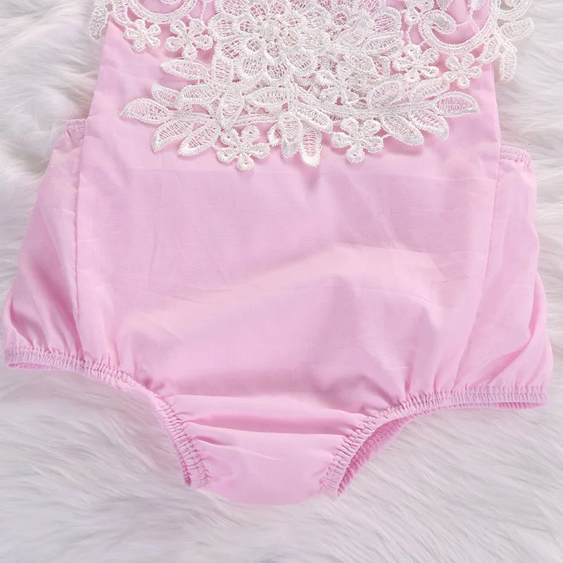 Pink Lace Crochet Bodysuit Ribbon Headband Sunsuit Outfit - Image 5
