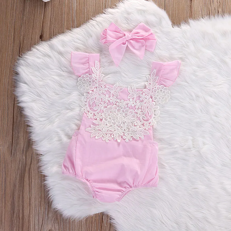 Pink Lace Crochet Bodysuit Ribbon Headband Sunsuit Outfit - Image 2