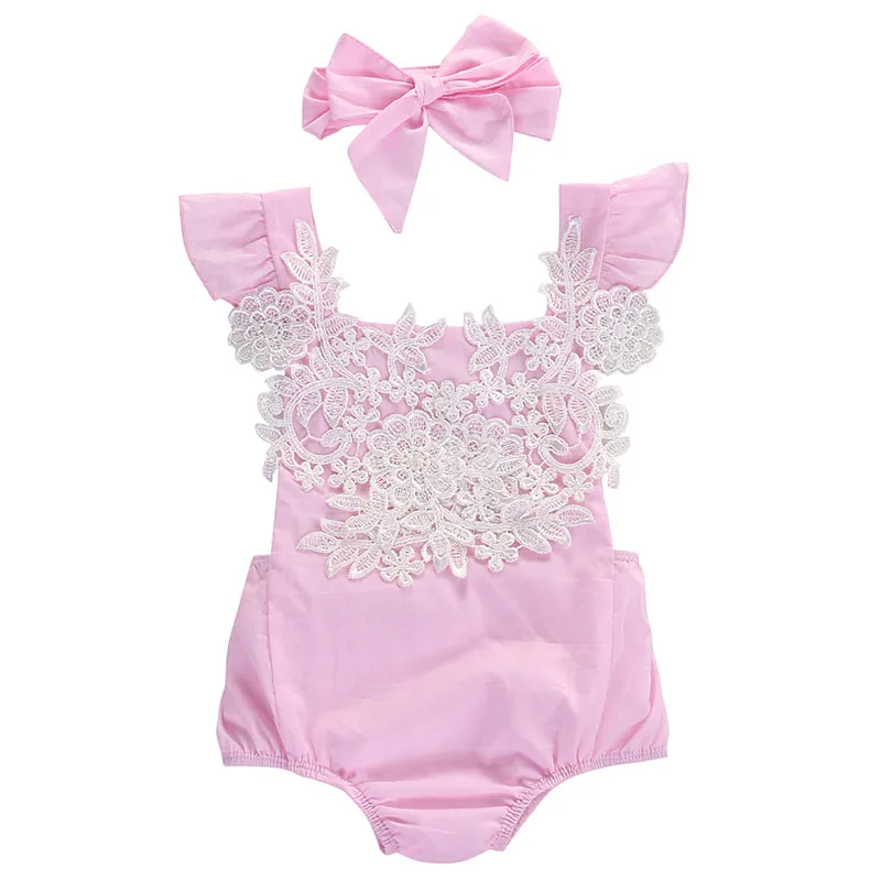 Pink Lace Crochet Bodysuit Ribbon Headband Sunsuit Outfit