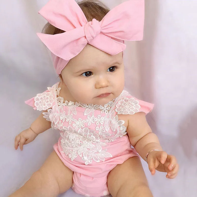 Pink Lace Crochet Bodysuit Ribbon Headband Sunsuit Outfit - Image 7