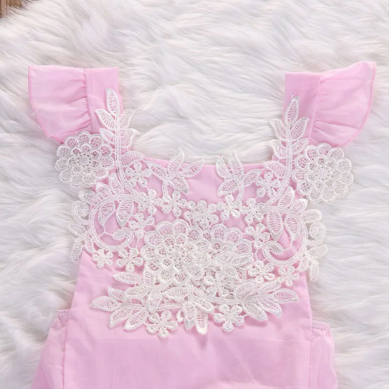 Pink Lace Crochet Bodysuit Ribbon Headband Sunsuit Outfit - Image 4