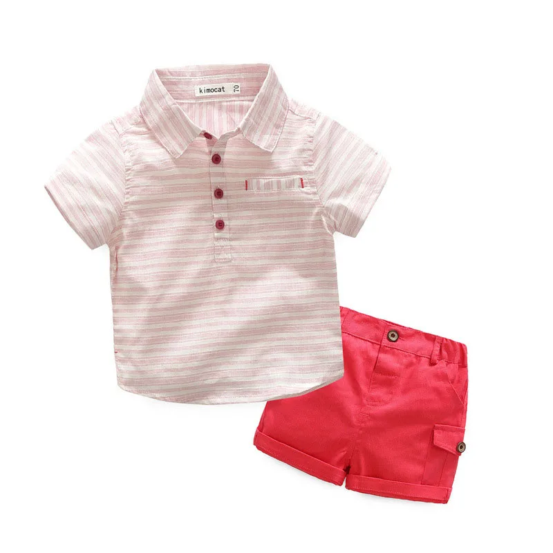 Baby Pink Striped Button Collar Shirt with Shorts