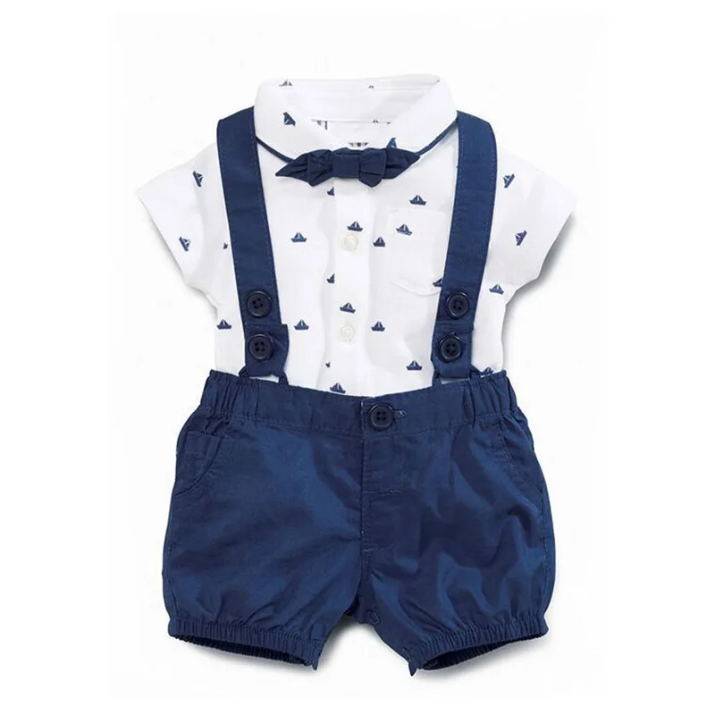 Sailor Print Button Bow Tie Collar Shirt Bodysuit Suspenders Shorts