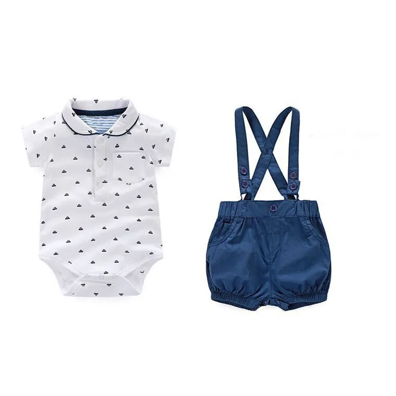 Sailor Print Button Bow Tie Collar Shirt Bodysuit Suspenders Shorts - Image 2