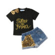 Sisters Forever Outfit with Glittered Sequin T-Shirt & Ripped Denim Shorts Short Sleeve
