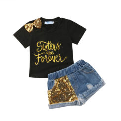 Sisters Forever Outfit with Glittered Sequin T-Shirt & Ripped Denim Shorts Short Sleeve