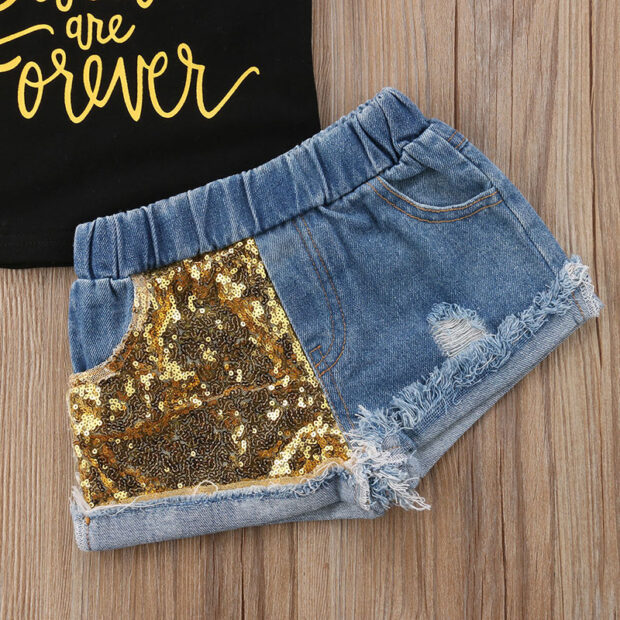 Sisters Forever Outfit with Glittered Sequin T-Shirt & Ripped Denim Shorts Short Sleeve - Image 5