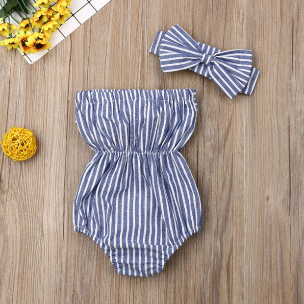 Stripe Pattern Ribbon Bow Off Shoulders Bodysuit Sleeveless - Image 2