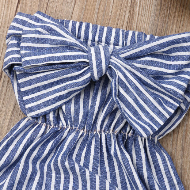 Stripe Pattern Ribbon Bow Off Shoulders Bodysuit Sleeveless - Image 3