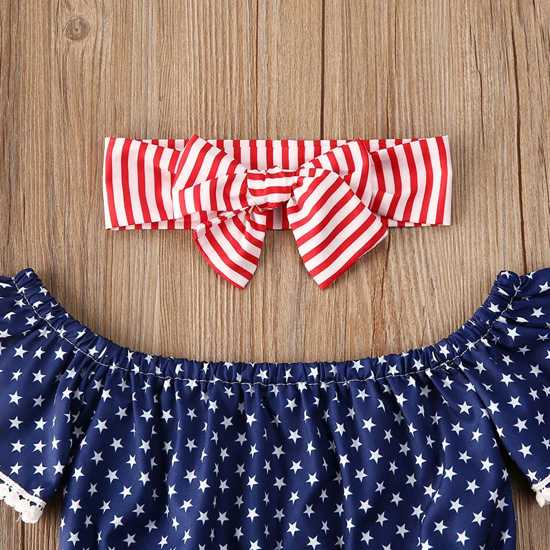 American Star Pattern Off Shoulder Top & Stripe Bloomers with Matching Headband Short Sleeve - Image 2