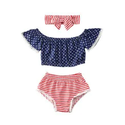 American Star Pattern Off Shoulder Top & Stripe Bloomers with Matching Headband Short Sleeve