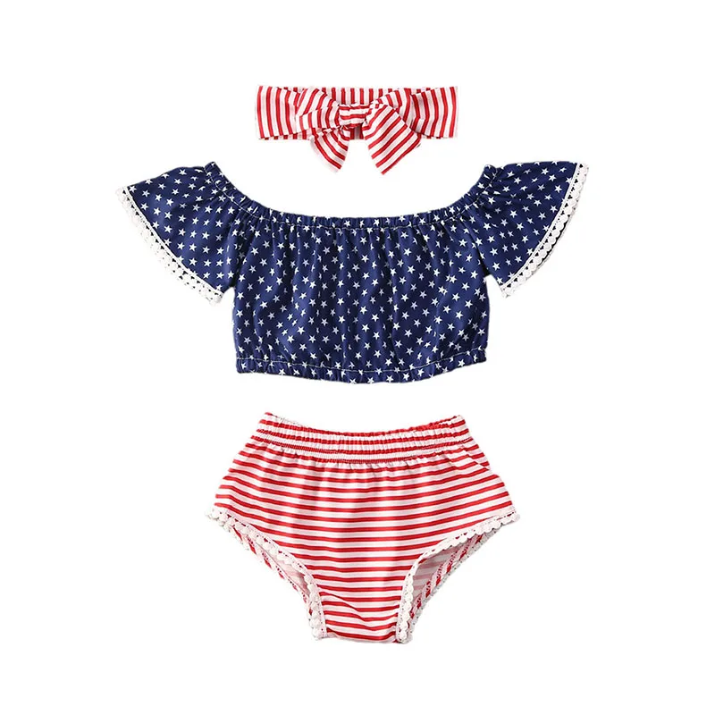 American Star Pattern Off Shoulder Top & Stripe Bloomers with Matching Headband Short Sleeve
