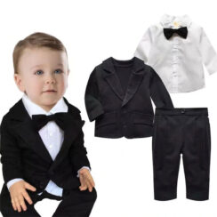 Baby Boy Gentlemen Wedding Bow Tie Tuxedo Coat, Dress Shirt, Pants 4 pcs Outfit