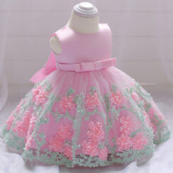 Pink Flower Tulle Ribbon Princess Dress Sleeveless For Wedding & Birthday
