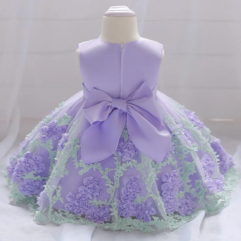 Purple Flower Tulle Laced Ribbon Dress Sleeveless For Wedding & Birthday - Image 3