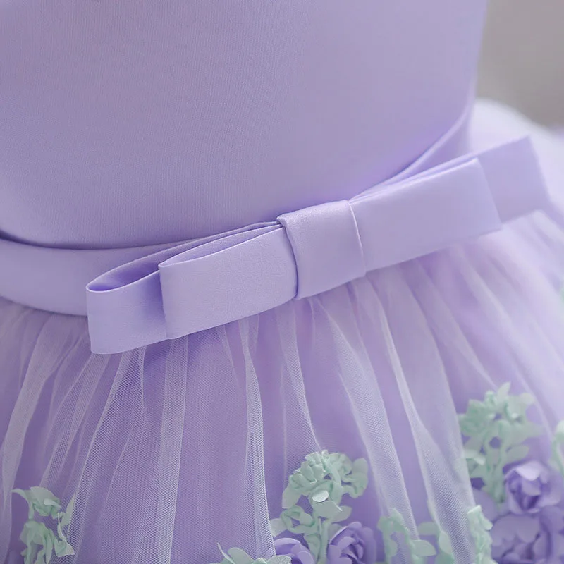 Purple Flower Tulle Laced Ribbon Dress Sleeveless For Wedding & Birthday - Image 6