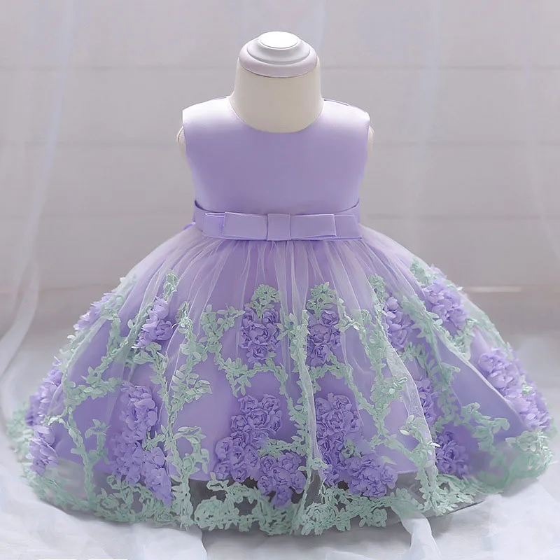 Purple Flower Tulle Laced Ribbon Dress Sleeveless For Wedding & Birthday - Image 2