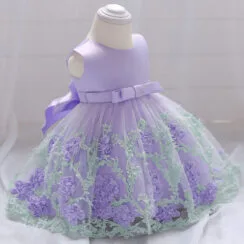 Purple Flower Tulle Laced Ribbon Dress Sleeveless For Wedding & Birthday