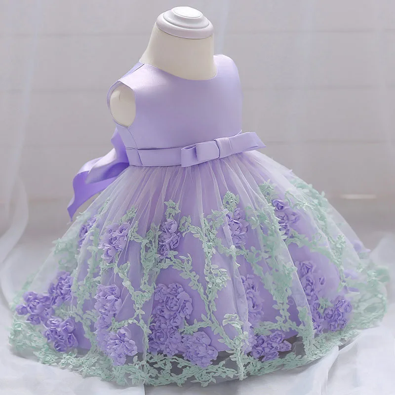 Purple Flower Tulle Laced Ribbon Dress Sleeveless For Wedding & Birthday