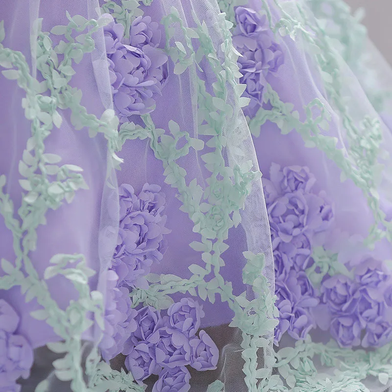 Purple Flower Tulle Laced Ribbon Dress Sleeveless For Wedding & Birthday - Image 7