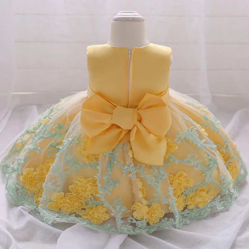 Yellow Floral Garden Laced Ribbon Princess Dress Sleeveless For Wedding & Birthday - Image 3