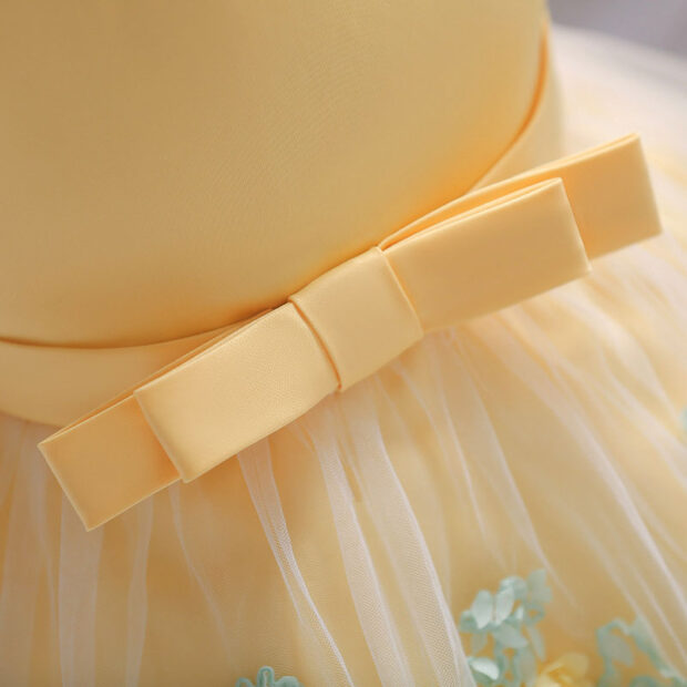 Yellow Floral Garden Laced Ribbon Princess Dress Sleeveless For Wedding & Birthday - Image 6