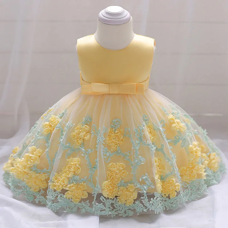 Yellow Floral Garden Laced Ribbon Princess Dress Sleeveless For Wedding & Birthday - Image 2