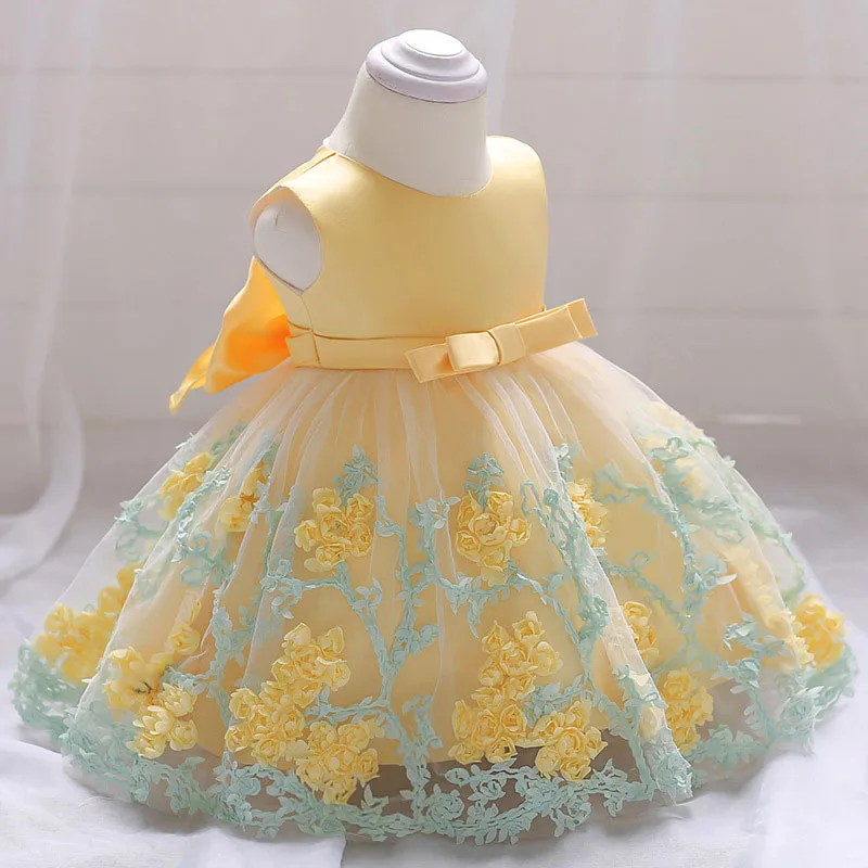 Yellow Floral Garden Laced Ribbon Princess Dress Sleeveless For Wedding & Birthday