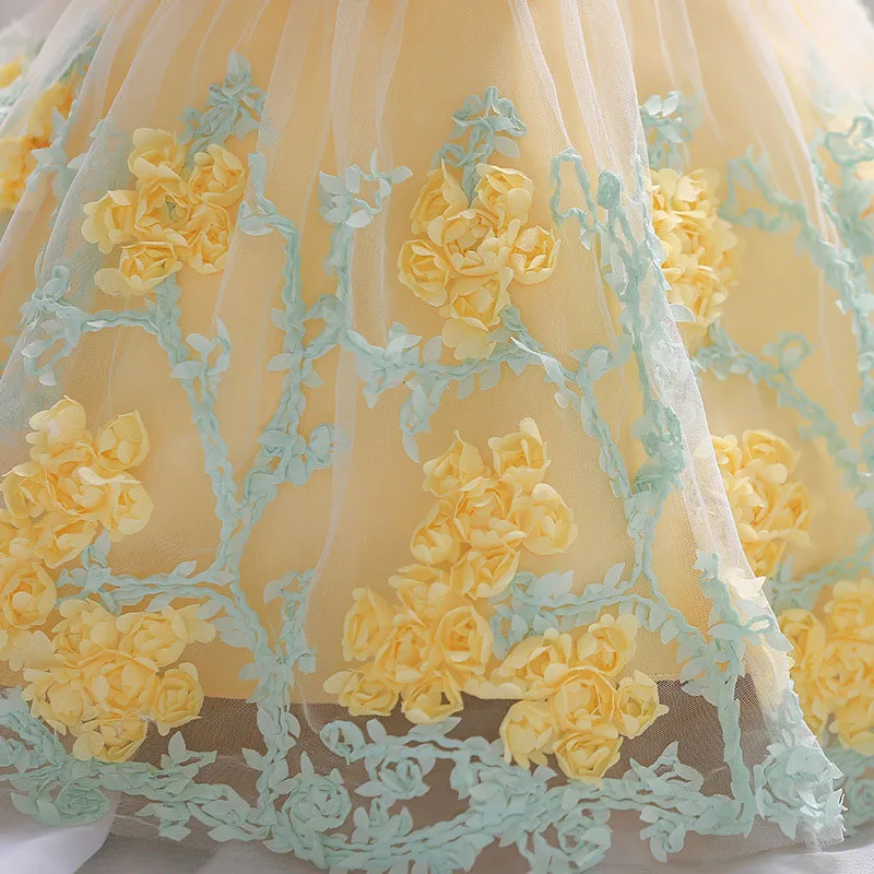 Yellow Floral Garden Laced Ribbon Princess Dress Sleeveless For Wedding & Birthday - Image 7