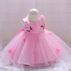Baby Girl Butterfly Flower Pink Ribbon Dress Sleeveless For Wedding & Birthday