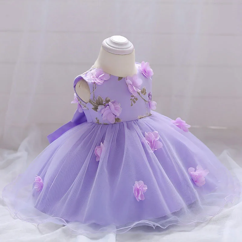 Purple Princess Flower Ribbon Dress Laced Sleeveless For Wedding & Birthday