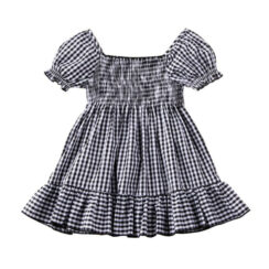 Puff Shoulder Gingham Pattern Ruffled Dress Short Sleeve