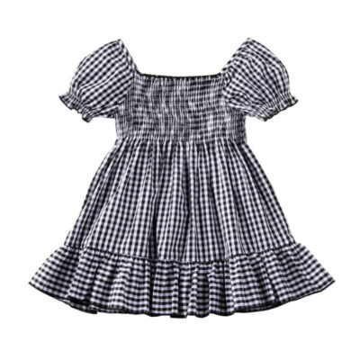 Puff Shoulder Gingham Pattern Ruffled Dress Short Sleeve
