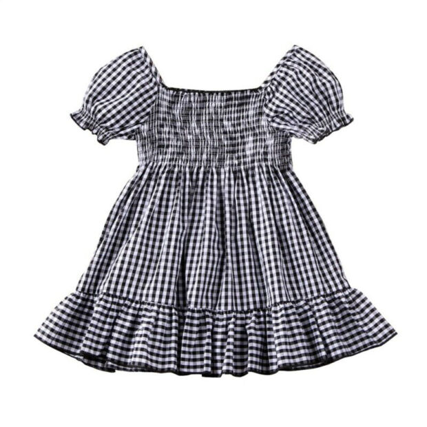 Puff Shoulder Gingham Pattern Ruffled Dress Short Sleeve