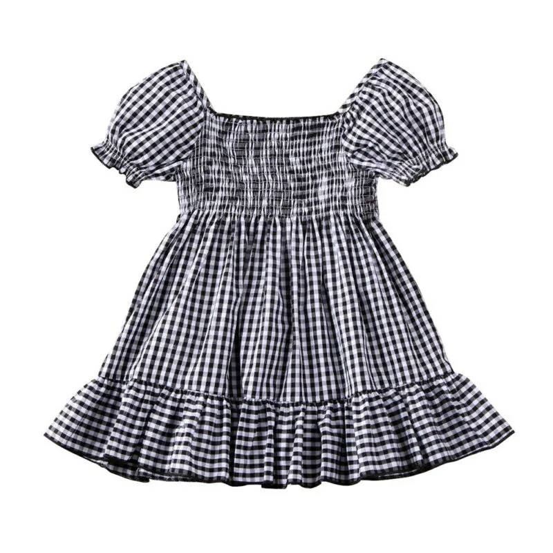 Puff Shoulder Gingham Pattern Ruffled Dress Short Sleeve