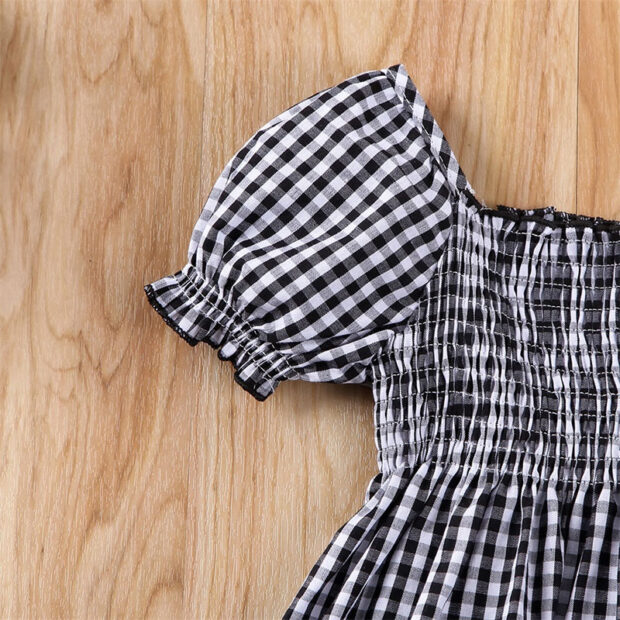 Puff Shoulder Gingham Pattern Ruffled Dress Short Sleeve - Image 2