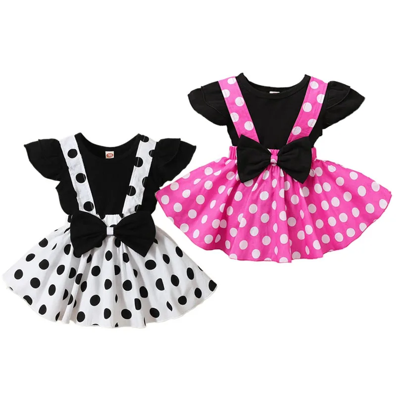 Dotted Pattern Suspender Dress with Ribbon Bow & Plain Color Top Short Sleeve